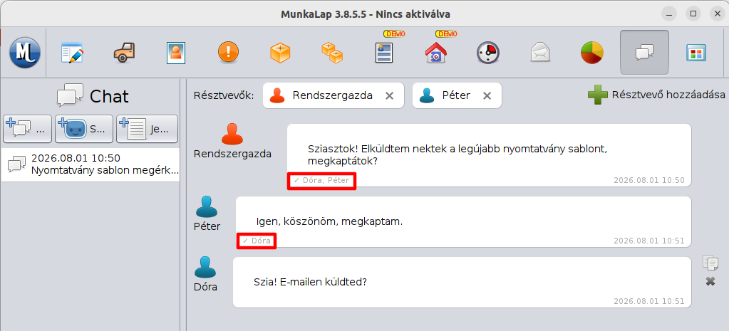 Üzenetek olvasottságának megjelenítése a chatben