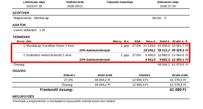 Szaggatott vonallal elválasztott tételsorok a nyomtatványon